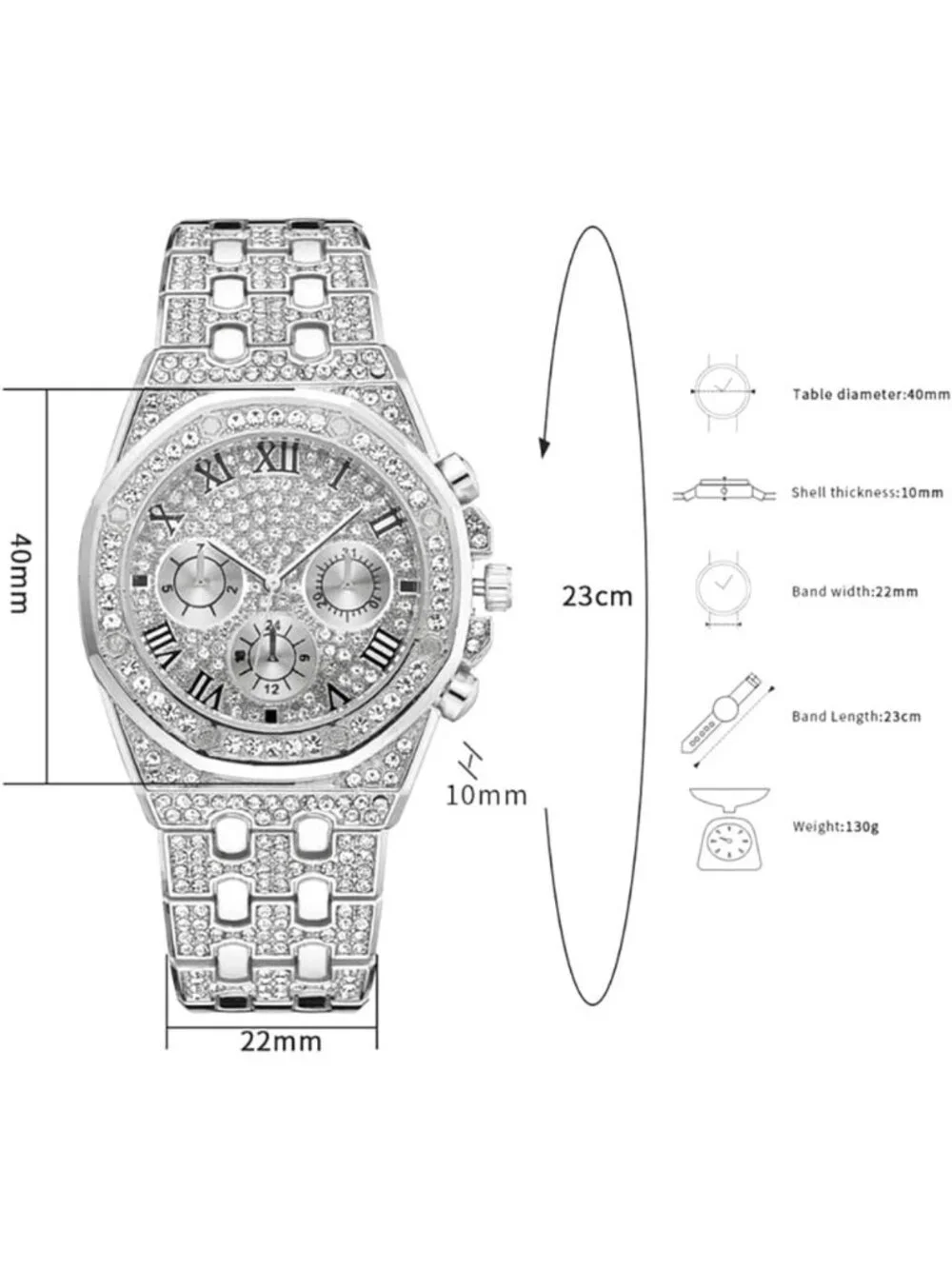 Iced Out Diamond Watch - Gold Plated, 40mm, Roman Numerals, Quartz Wristband for